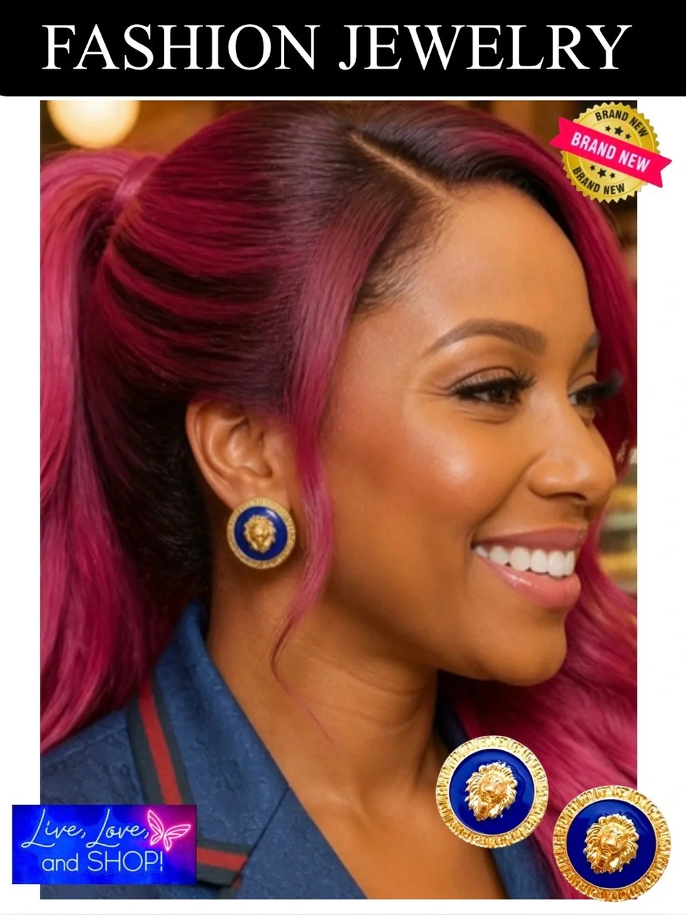 EARRINGS: Blue & Gold Tone Lion Head Stud Zinc Alloy, NIP